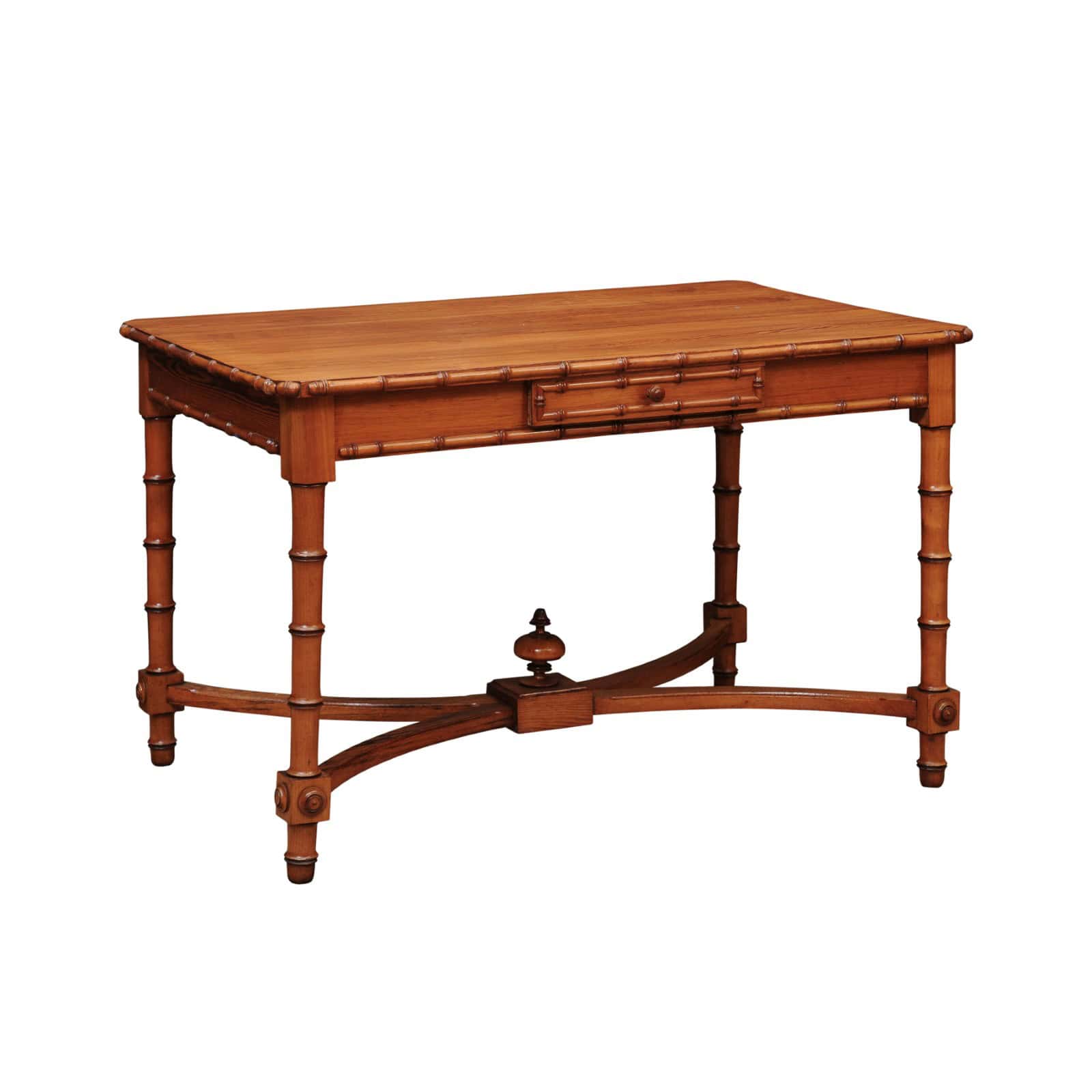 English Faux Bamboo Pine Writing Table with 1 Drawer and X Form Stretcher, Mid? 20th Century - Image 2