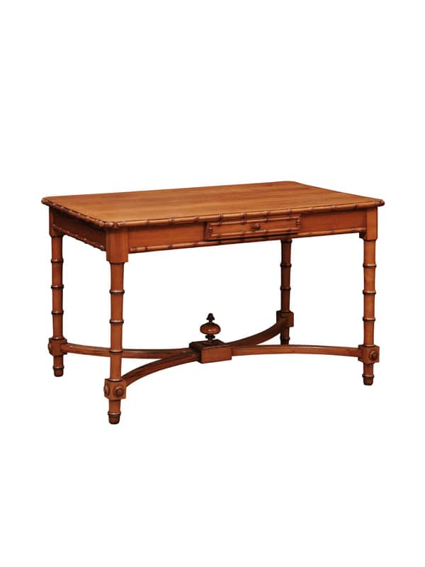 English Faux Bamboo Pine Writing Table with 1 Drawer and X Form Stretcher, Mid? 20th Century