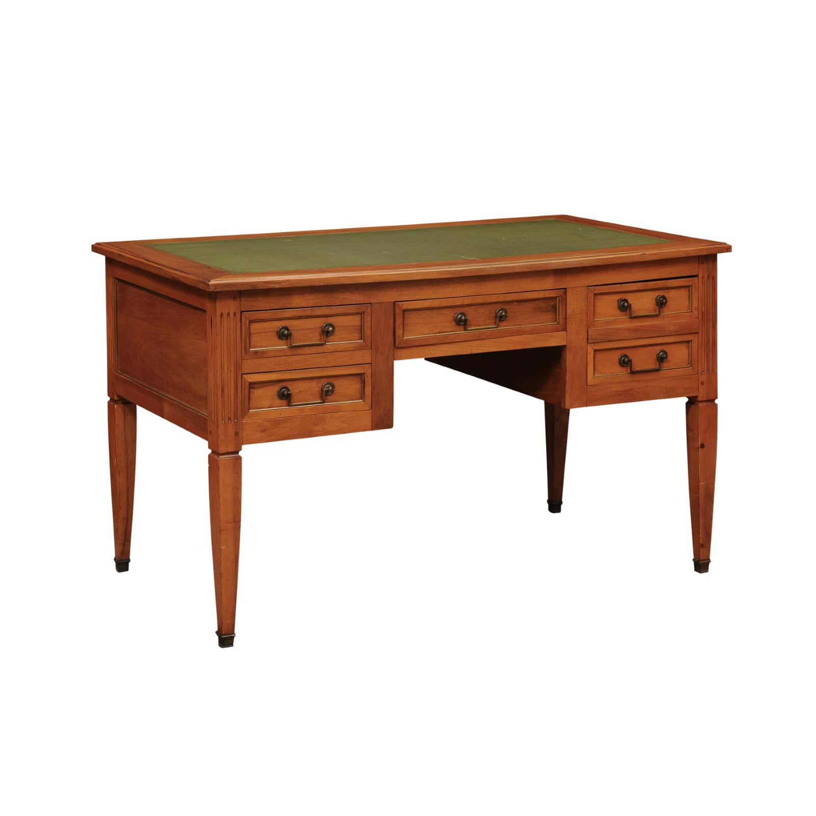 French Louis XVI Style Walnut Writing Table with Green Leather Top, 4 Drawers and Slide, 20th Century - Image 2