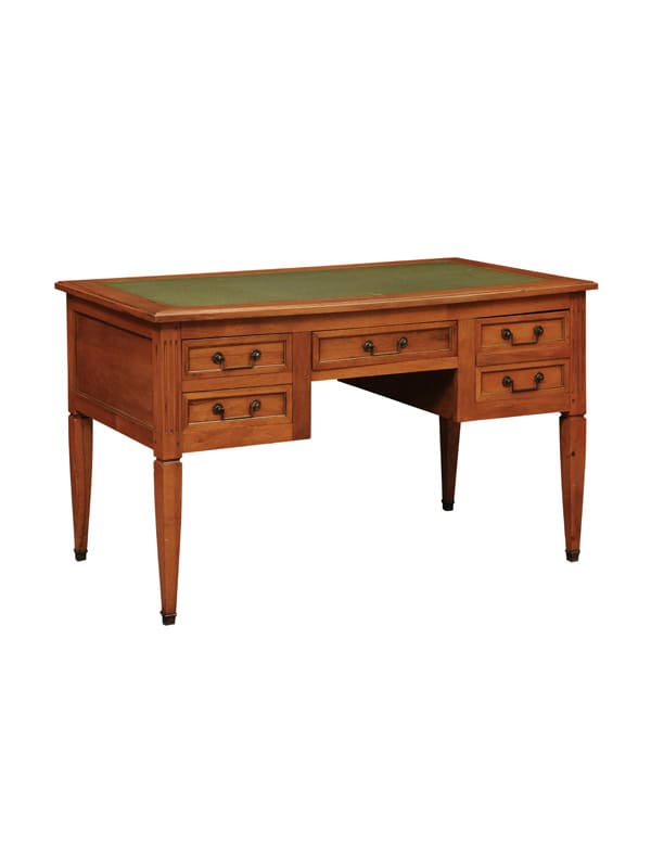 French Louis XVI Style Walnut Writing Table with Green Leather Top, 4 Drawers and Slide, 20th Century
