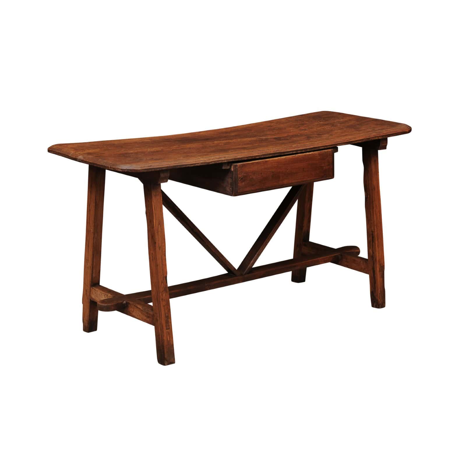 Rustic 19th Century Continental Walnut & Pine Console /Sofa Table with X Stretcher & Small Center Drawer - Image 2