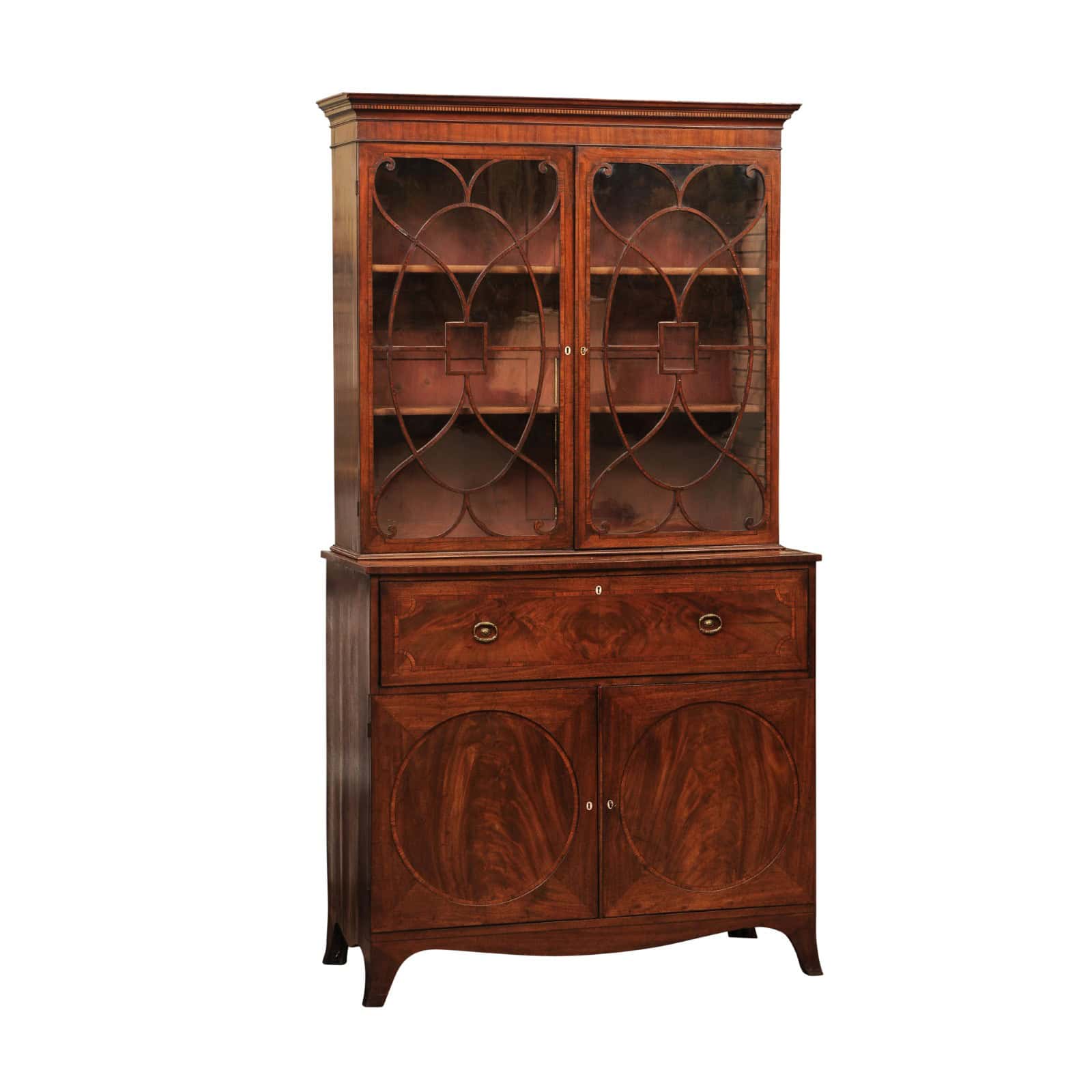 English 19th Century Mahogany Secretary Bookcase with Rosewood Sash Work and Circle Paneled Doors - Image 2