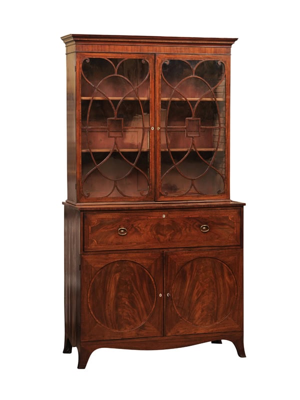 English 19th Century Mahogany Secretary Bookcase with Rosewood Sash Work and Circle Paneled Doors