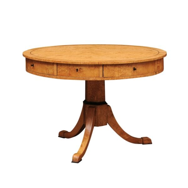Biedemeier 19th Century Drum Table in Birch, Burled Elm and Rosewood Crossbanding with 6 Drawers and Pedestal Base - Image 2