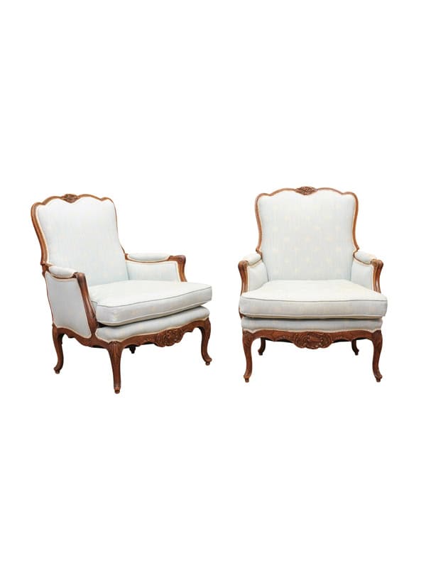 Pair of French XV Style Oak Bergeres with Carving and Cabriole Legs