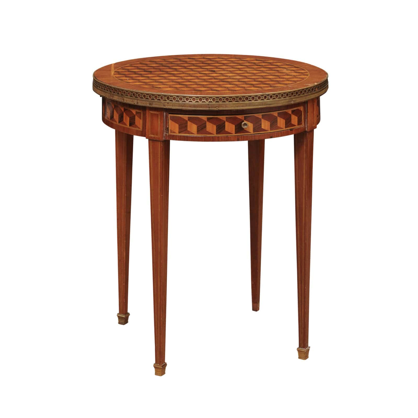 French 19th Century Louis XVI Style Bouillotte Table in Mahogany with Parquetry Inset Top, Leather surface on Reverse, Brass Gallery and Marble Surface - Image 2