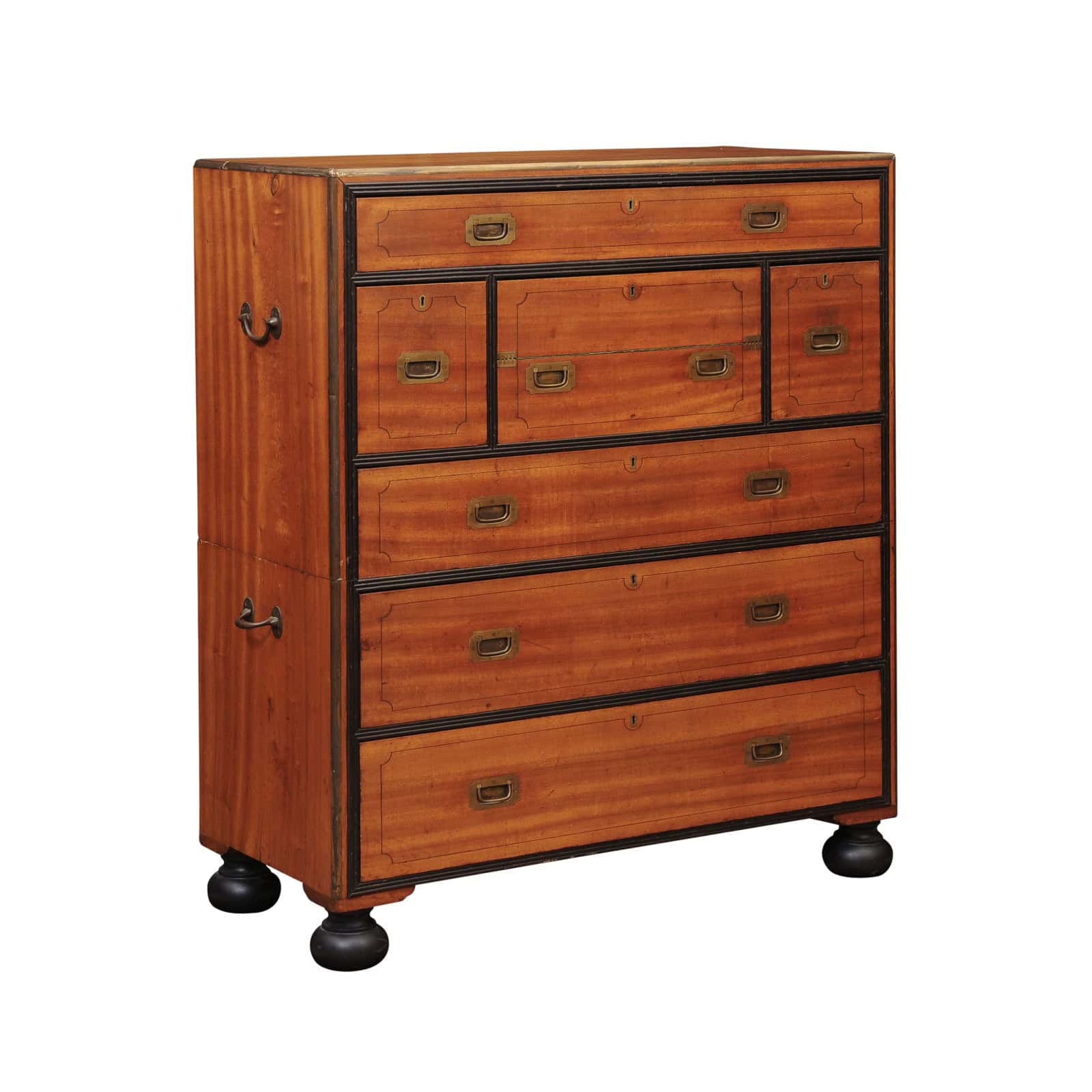 19th Century English Brass Mounted Mahogany Campaign Chest with Ebonized Detail & Secretary Drawer - Image 2