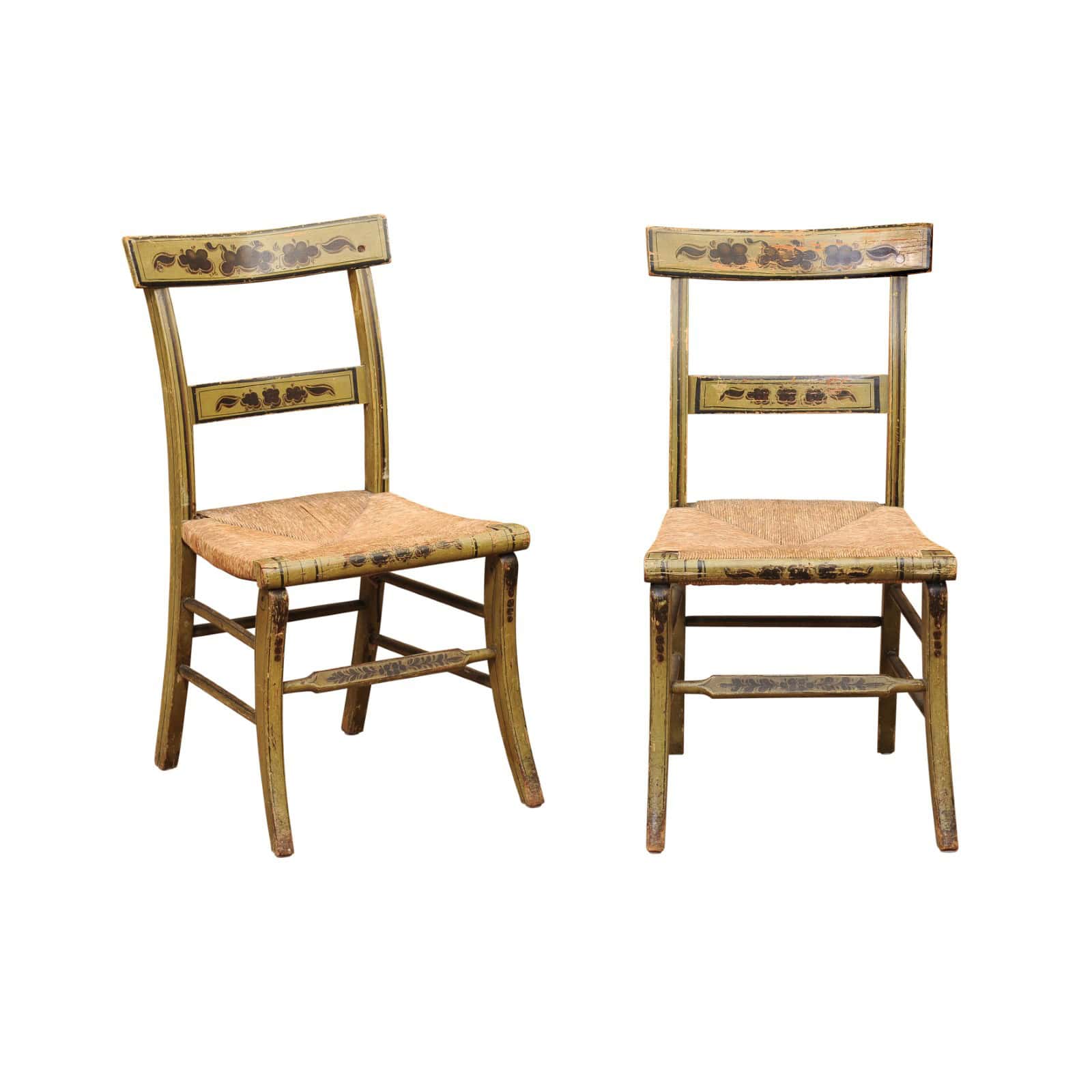 Pair of Green Painted Federal Side Chairs with Rush Seats, Early 19th Century - Image 2
