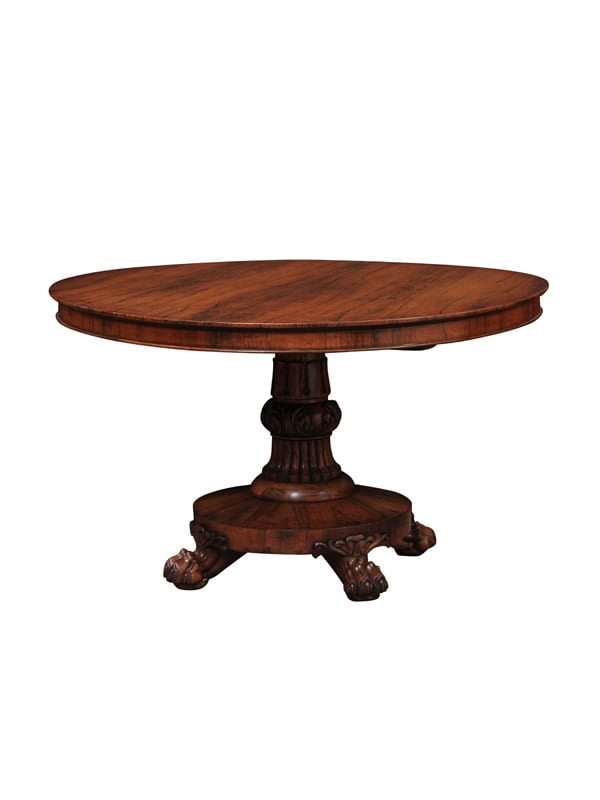 English 19th Century William IV Roswood Pedestal Center Table with Paw Feet