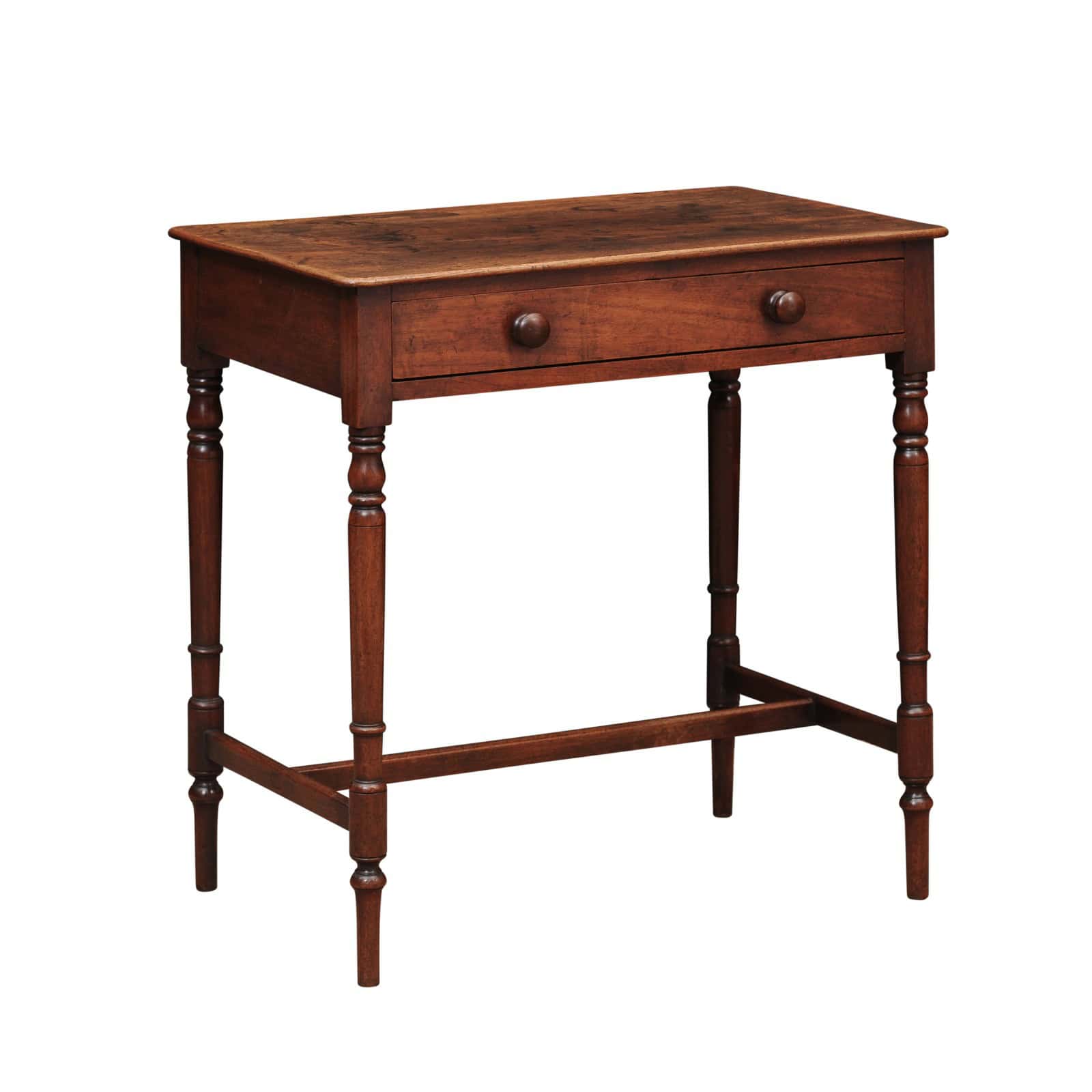 English 19th Century Mahogany Side Table Featuring 1 Drawer with wooden Pulls, Turned Legs and H-Form Stretcher - Image 2