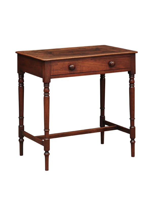 English 19th Century Mahogany Side Table Featuring 1 Drawer with wooden Pulls, Turned Legs and H-Form Stretcher