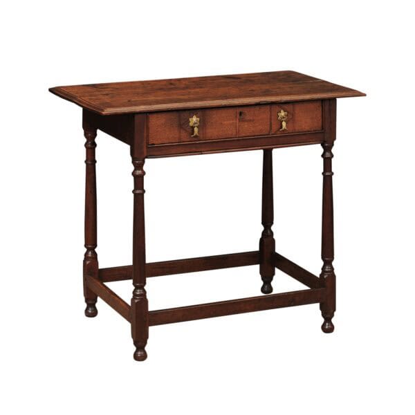 English Oak 18th Century Side Table Featuring 1 Drawer with inlay, Turned Legs and Box Stretcher - Image 2
