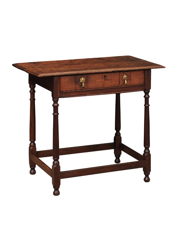 English Oak 18th Century Side Table Featuring 1 Drawer with inlay, Turned Legs and Box Stretcher