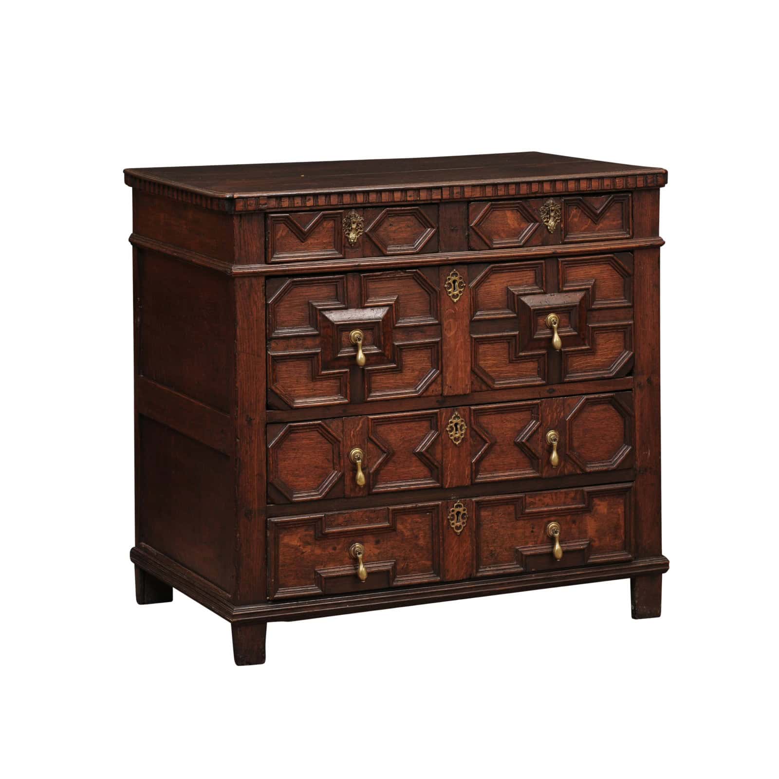 18th Century English Oak Jacobean Style Chest with 5 Drawers and Tear Drop Pulls. - Image 2