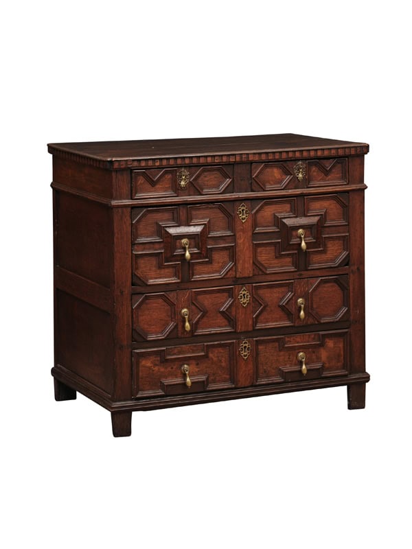 18th Century English Oak Jacobean Style Chest with 5 Drawers and Tear Drop Pulls.