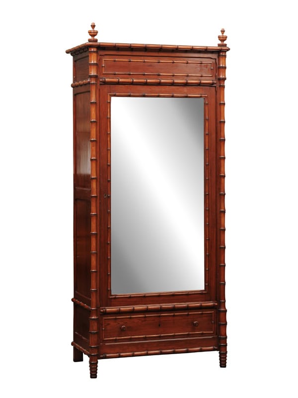 Late 19th Century English Faux Bamboo Cabinet with Mirrored Door and Interior Shelving