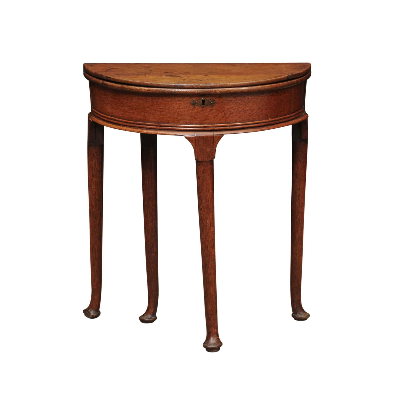 English Early 18th Century Petite Queen Anne Oak Demilune Game Table with Flip Top - Image 2