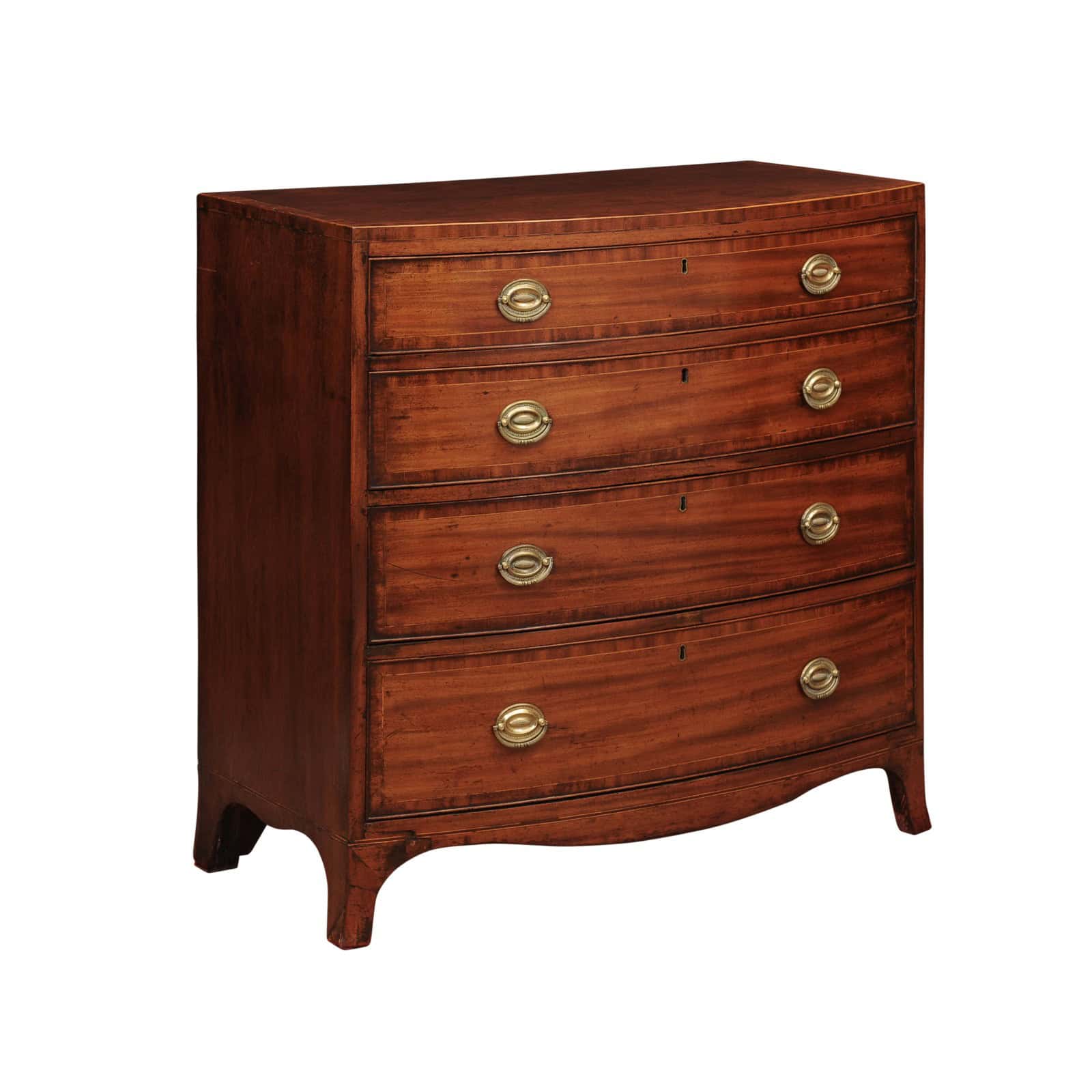 English 19th Century Small Bowfront Chest with Crossbanded Top, String Inlay and Splayed Feet - Image 2