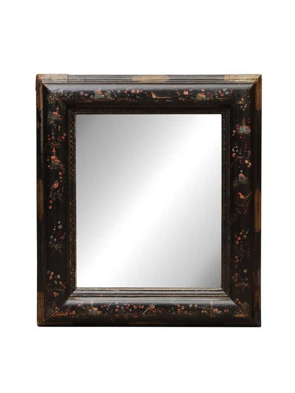 18th Century Black Lacquered Rectangular Mirror with Floral and Bird Decoration, Italy