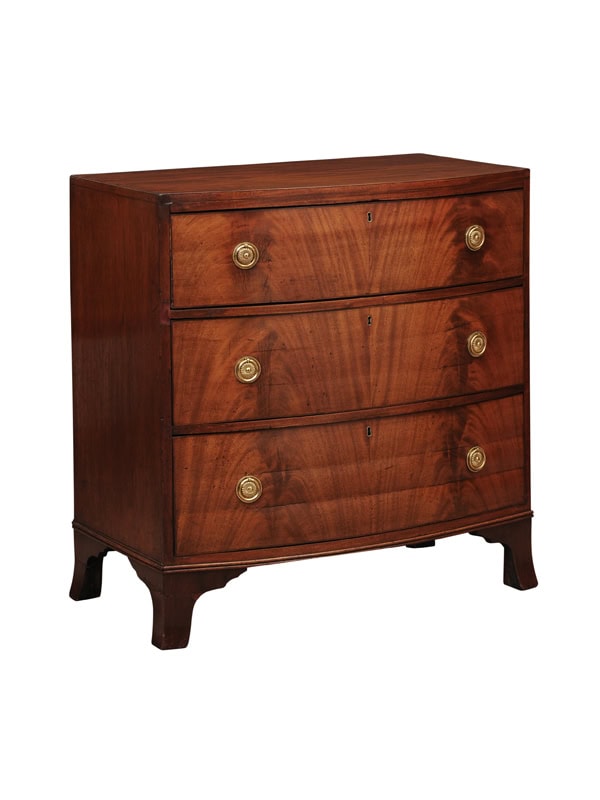 Small English 19th Century Bowfront Mahogany Chest with 3 Drawers and Bracket Feet