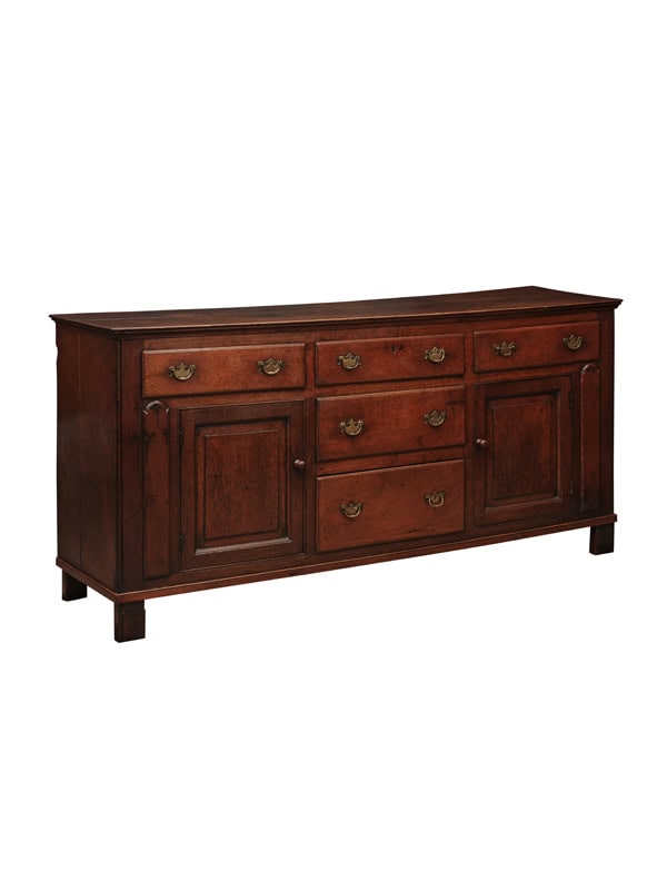 English 18th Century Oak Dresser Base with 2 Flanking Cabinets and 5 Drawers