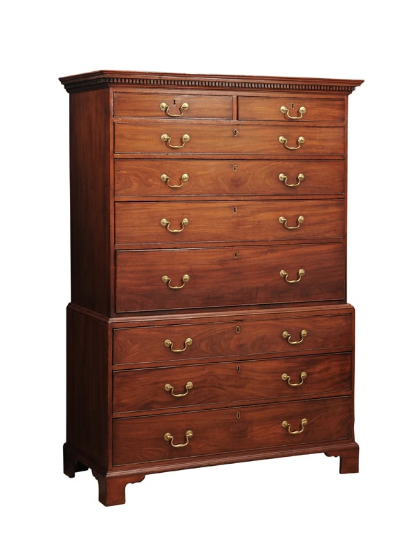 Late 18th Century George III Mahogany Chest on Chest with Secretary Drawer, Dental Moulded Detail and Bracket Feet
