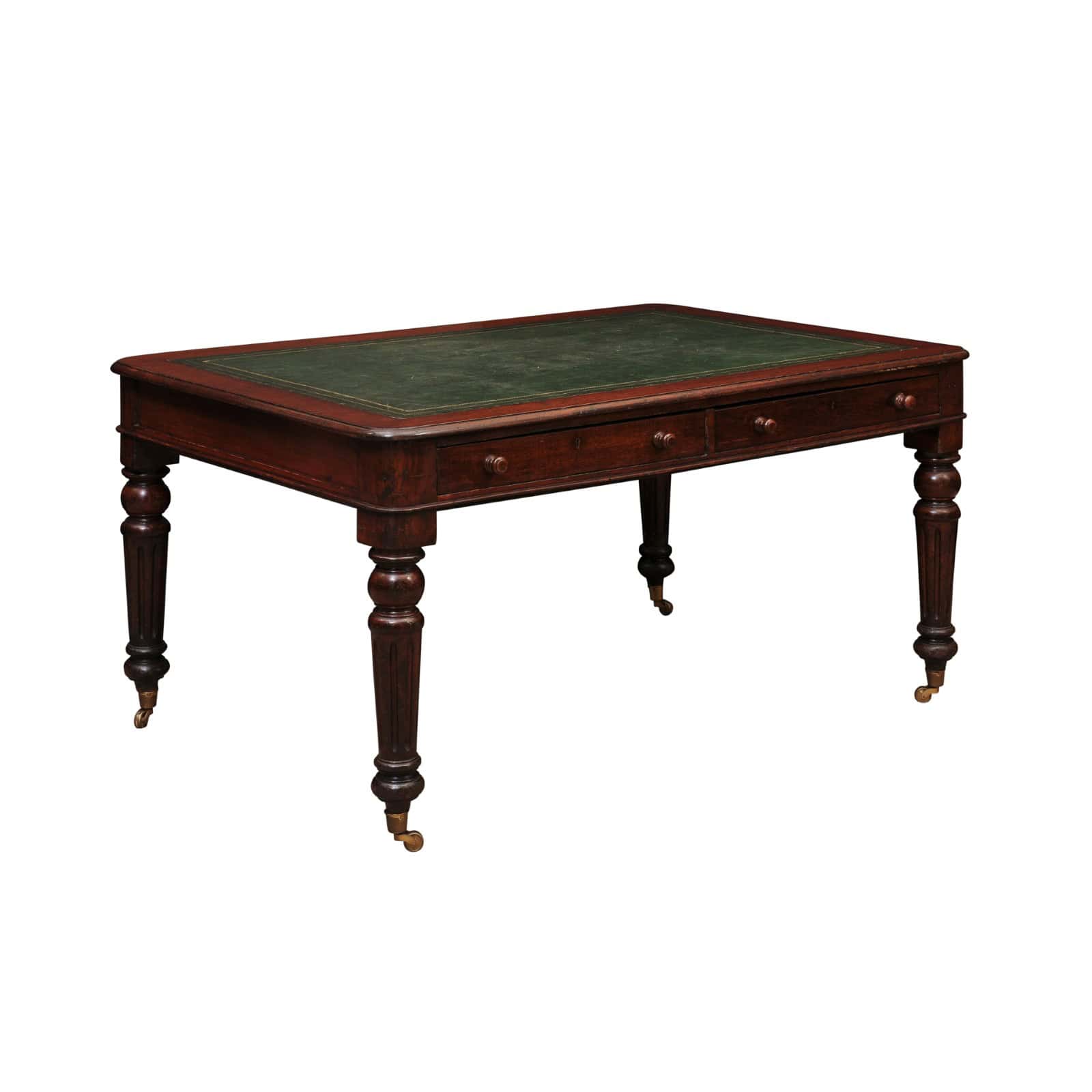 English 19th Century Oak Partner's Writing table with 4 Drawers, Green Leather Top and Rounded Fluted Legs - Image 2