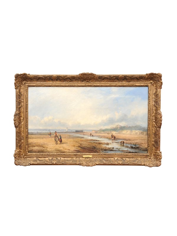 Oil on Canvas Painting of Coastal Beach Scene with Figures Searching for Clams & Sea Shells with Plaque "J. Callow ( British - 1822-1878)