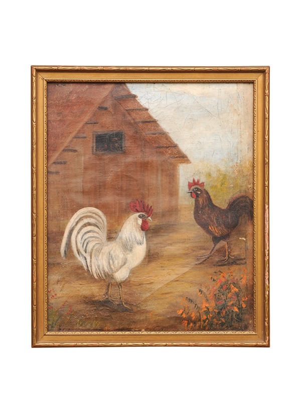 Framed Oil on Canvas of 2 Roosters in Farm Yard, 20th Century