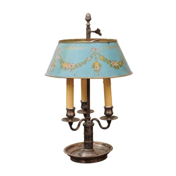 French Silvered Bouillotte Lamp with Blue Tole Shade with Flower Garland Detail - Image 2