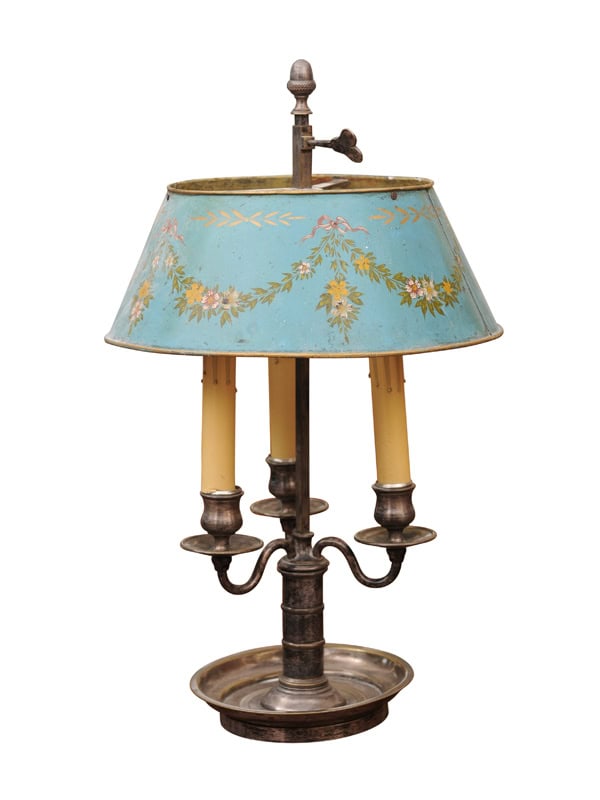 French Silvered Bouillotte Lamp with Blue Tole Shade with Flower Garland Detail