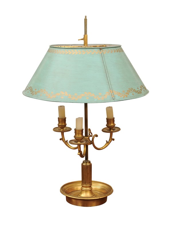 French Bouillotte Lamp in Bronze and Blue Tole Shade, 20th Century