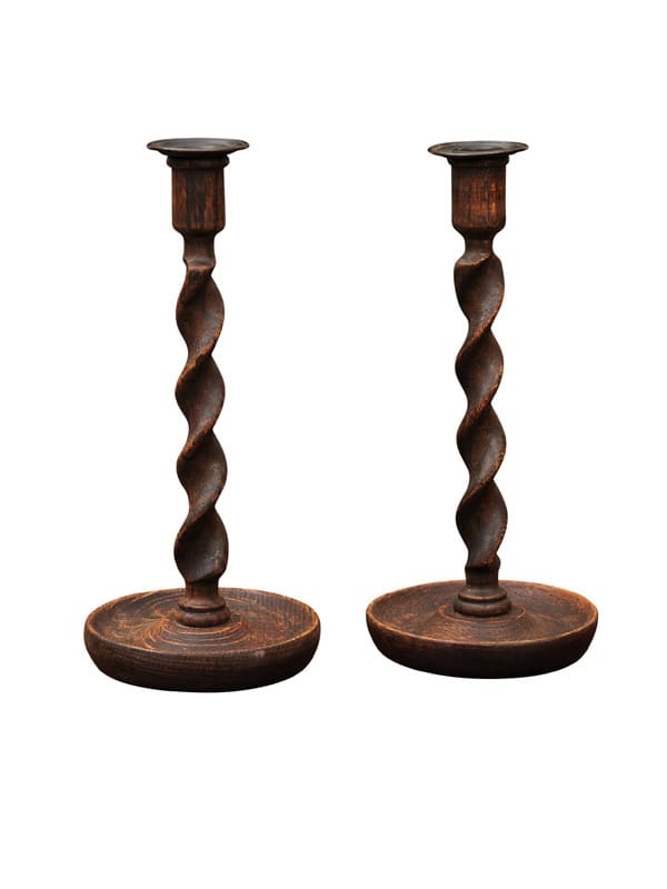 Pair of Oak Barley Twist Candlesticks, 20th Century