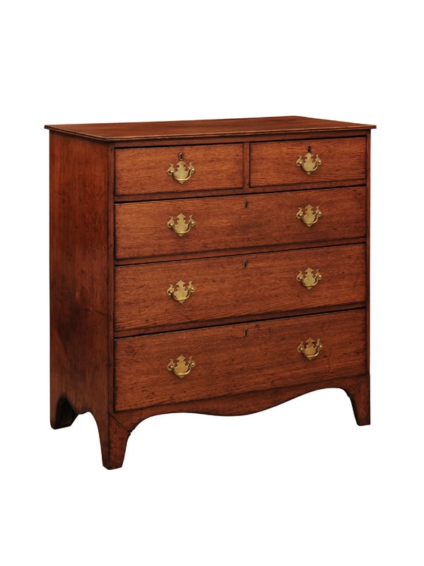 19th Century English Oak Chest with Straight Front, 5 Drawers and Splayed Legs