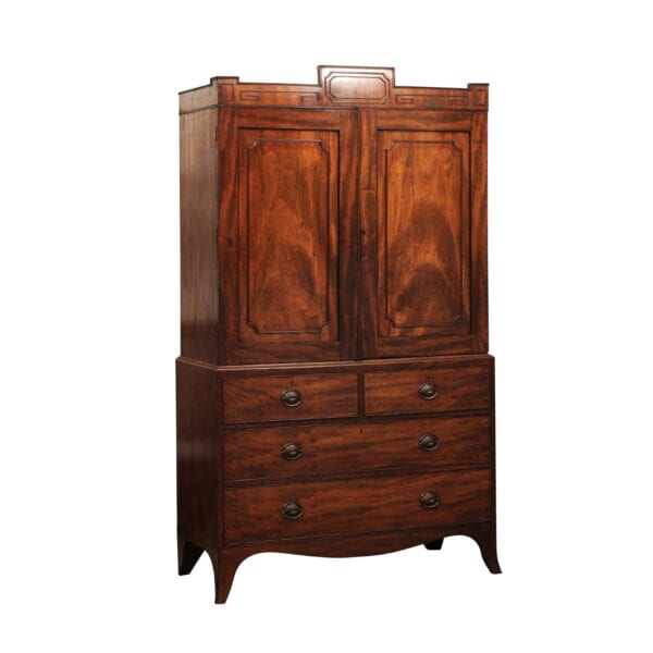 19th Century English Mahogany Linen Press with Cornice Featuring Greek Key Detail and Splayed Legs - Image 2