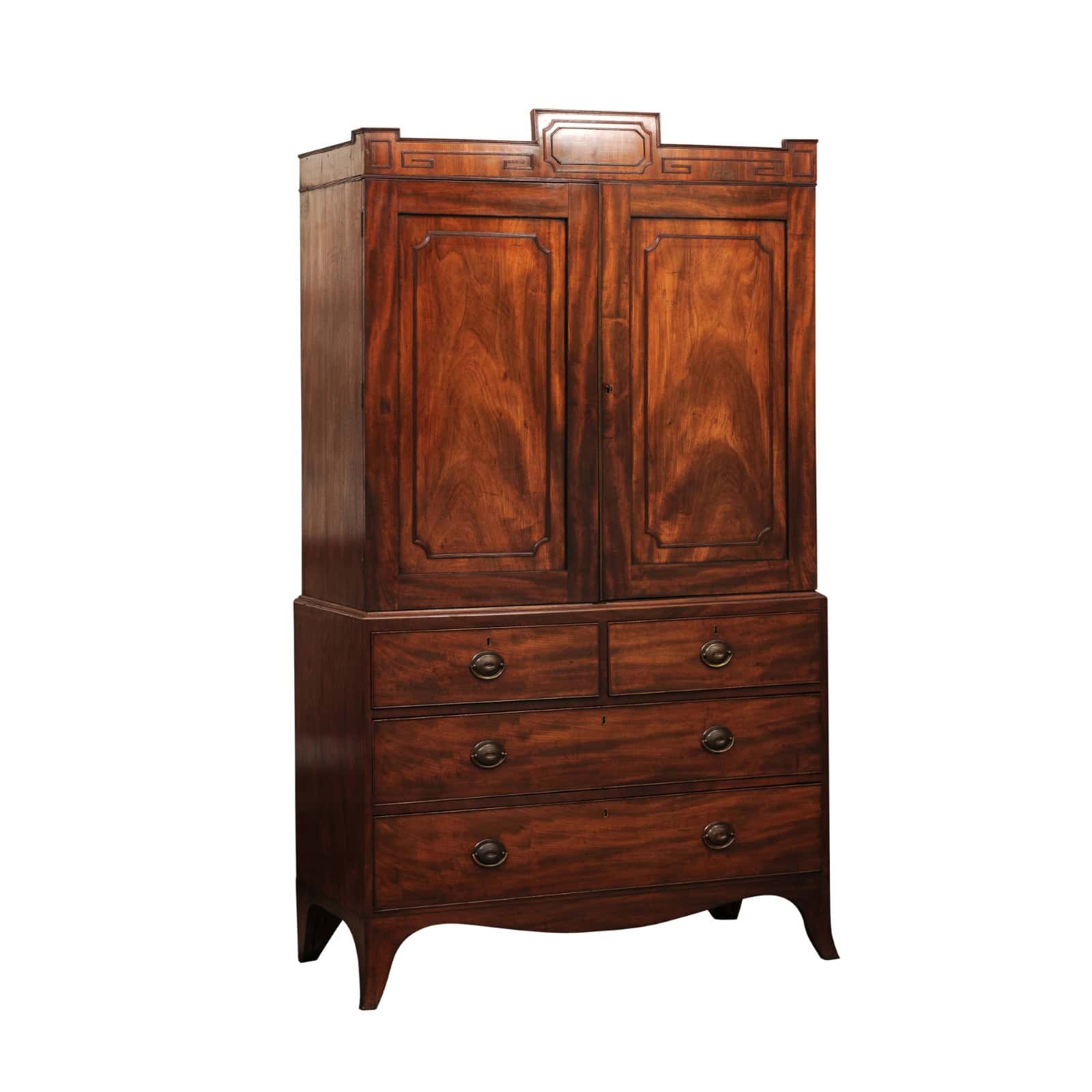 19th Century English Mahogany Linen Press with Cornice Featuring Greek Key Detail and Splayed Legs - Image 2