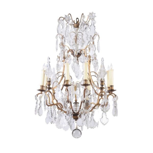 French XV Style Gilt Bronze 12 Light Chandelier with Crystal Prisms & Spires - Image 2