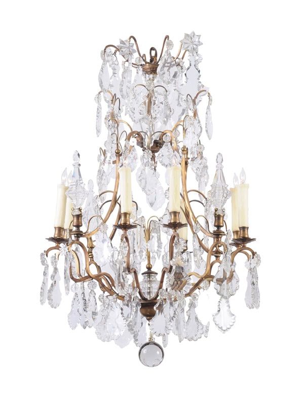 French XV Style Gilt Bronze 12 Light Chandelier with Crystal Prisms & Spires