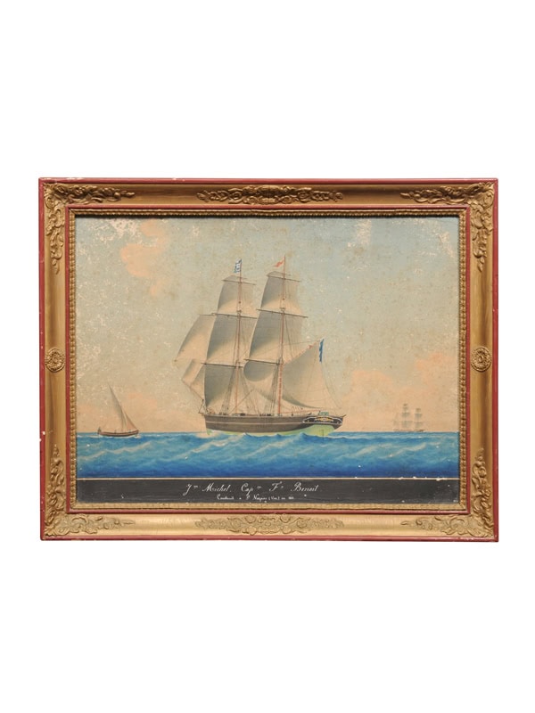 Giltwood Framed 19th Century French Watercolor Painting of Boat in Marseille