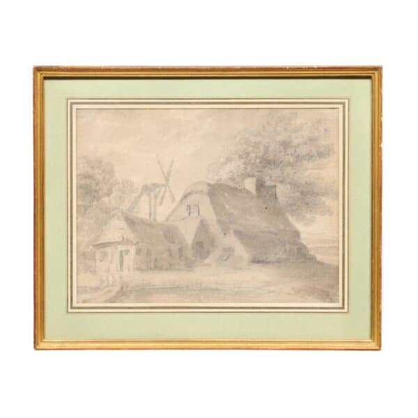 Framed 18th C French Drawing of House Watercolor Gouche with Ink, Green Mat - Image 2