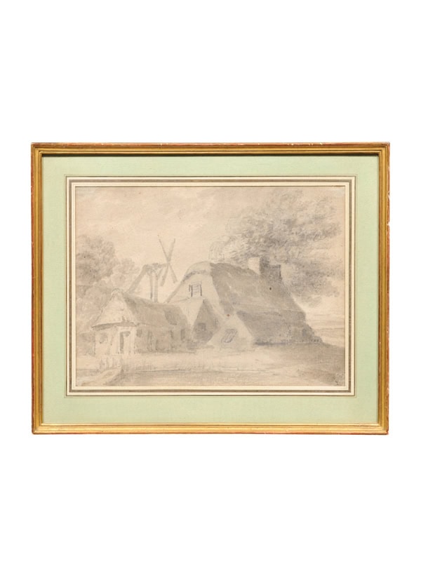 Framed 18th C French Drawing of House Watercolor Gouche with Ink, Green Mat