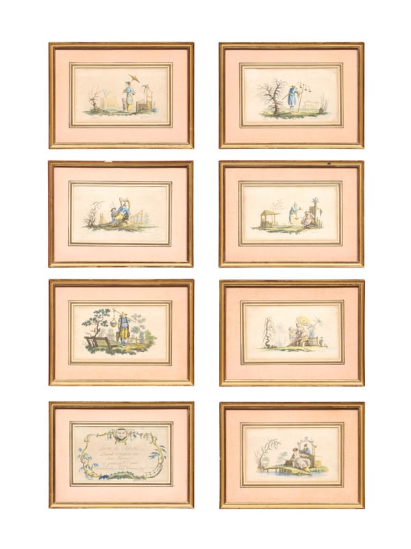 Set of 8 Giltwood Framed 18th Century French Engravings with Hand Coloring "Livre de Chinois"