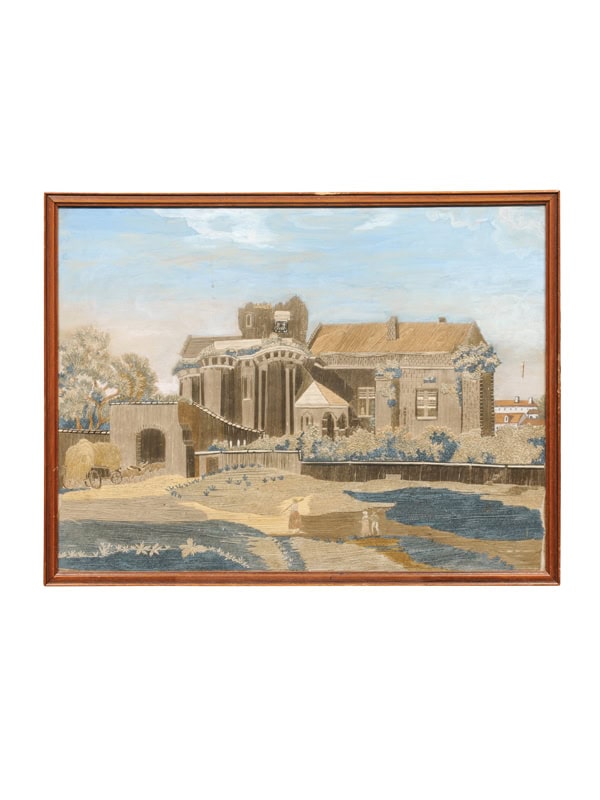 Giltwood Framed 19th Century French Silk Sampler / Textile of Landscape