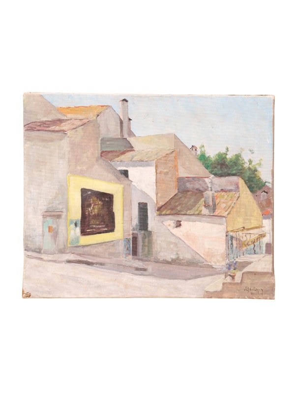 Cubist Style Oil on Board Painting of Street Scene, France dated 1961