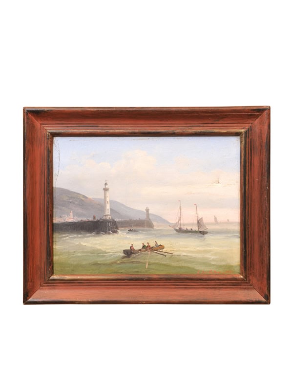 Framed Oil on Canvas Seascape Painting of Port & Boats , France dated 1881