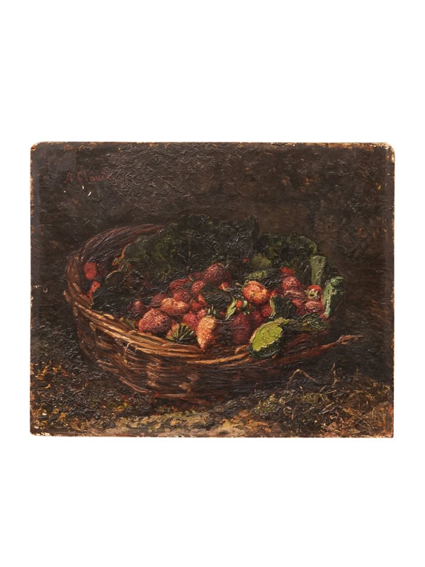 19th Century French Oil on Board Still Life Painting, Basket of Fruits, Signed "A. Claude"