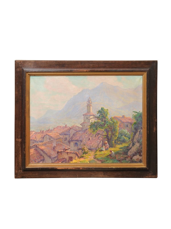 Large Framed Oil on Canvas Landscape Painting, South of France Castellane ca. 1900