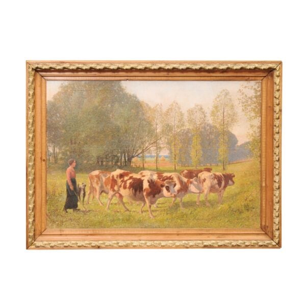 Large Giltwood Framed Oil on Canvas Painting with Cows in Landscape, France ca. 1920 - Image 2