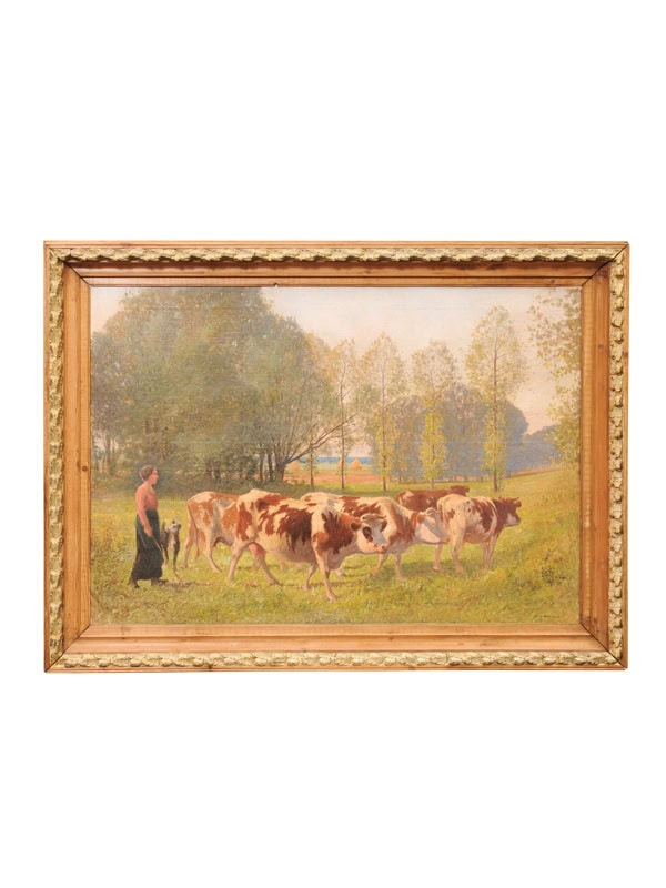 Large Giltwood Framed Oil on Canvas Painting with Cows in Landscape, France ca. 1920