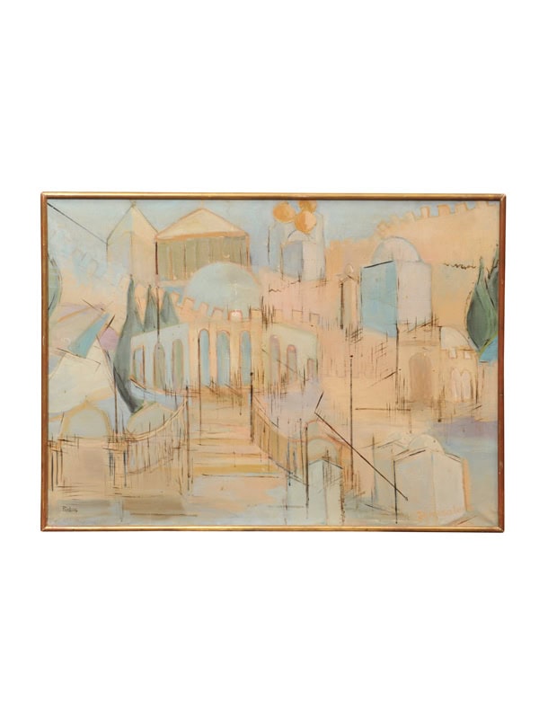 Framed Oil Painting of Old City Walls, France ca. 1960 signed "Pinkas"